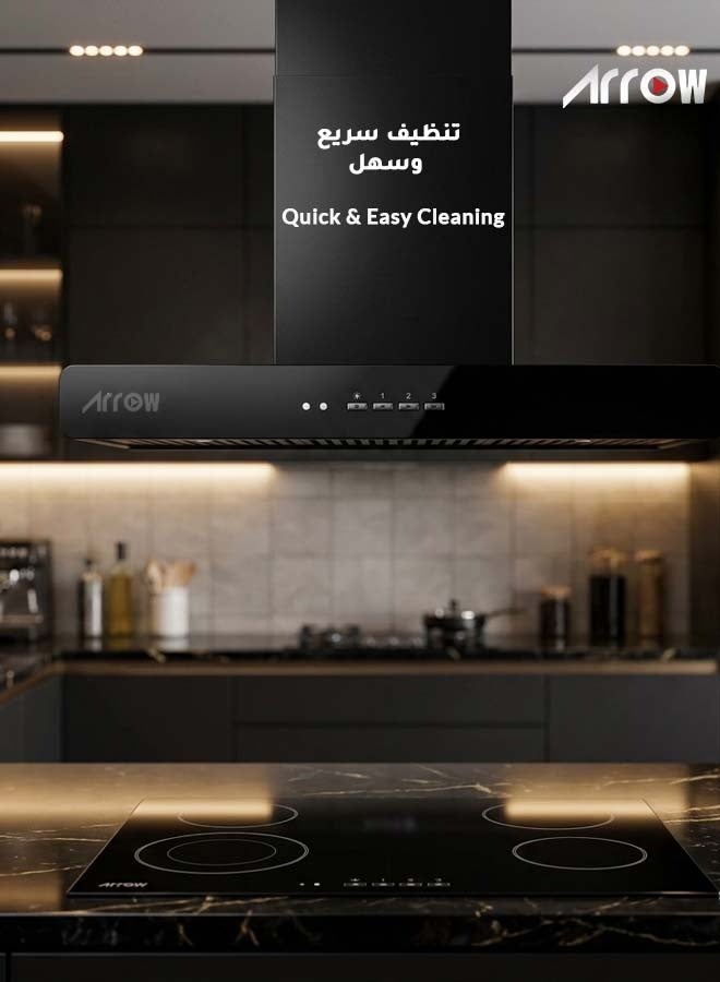Arrow Black Wall Mounted Kitchen Range Hood 90cm, 270 Watts, High Speed Copper Motor, Powerful Suction, Remote Control, Round LED Light, 3 Aluminum Filters + 2 Carbon Filters , 2 Years Warranty, RO-90RHMB - Image 5