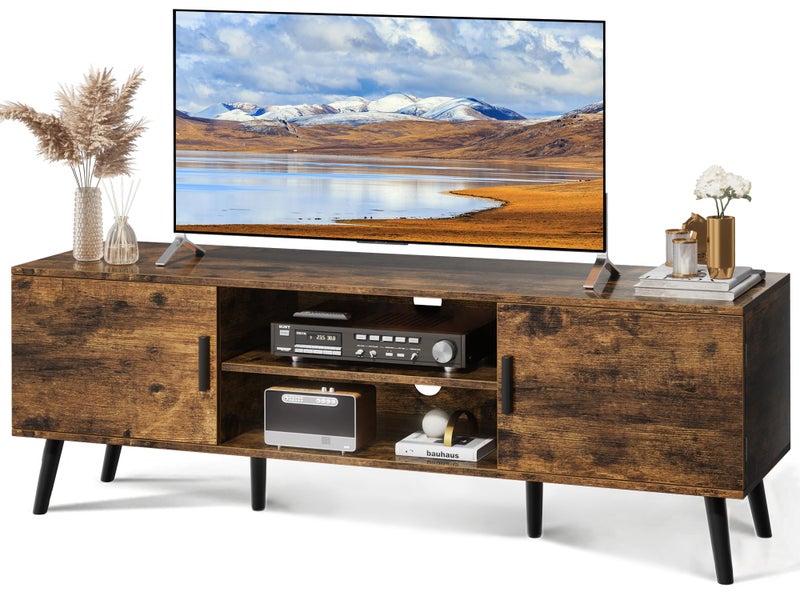 SUPERJARE TV Stand for 55 Inch TV Entertainment Center with Adjustable Shelf 2 Cabinets TV Console Table Media Console Solid Wood Feet Cord Holes for Living Room Bedroom Rustic Brown