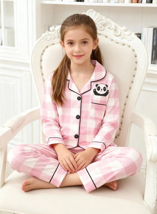 Take Two  Girls Checked Panda Print Long Sleeve Shirt And Pyjama Set for Women | Best Price UAE