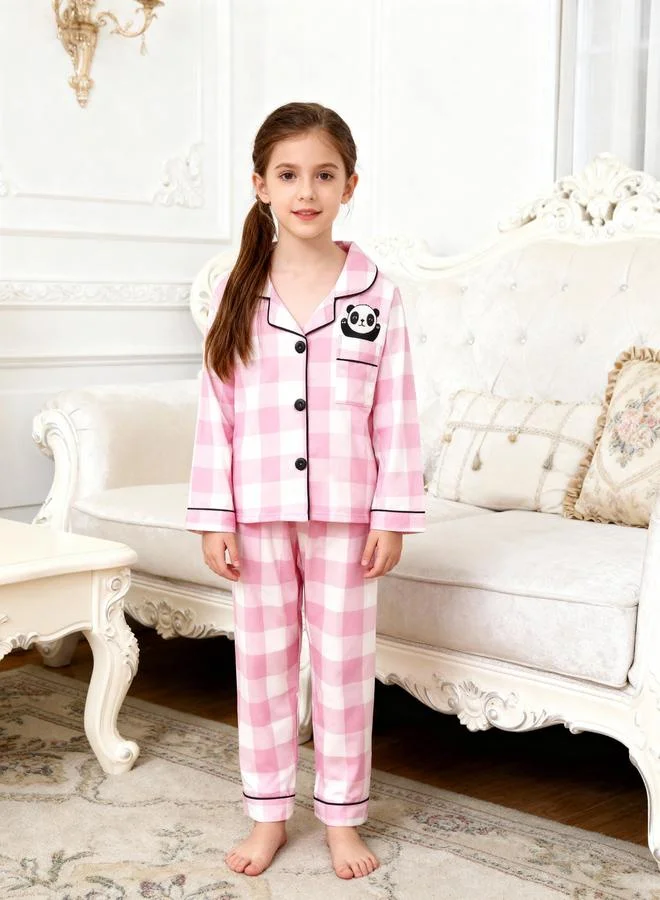 Take Two  Girls Checked Panda Print Long Sleeve Shirt And Pyjama Set for Women | Best Price UAE