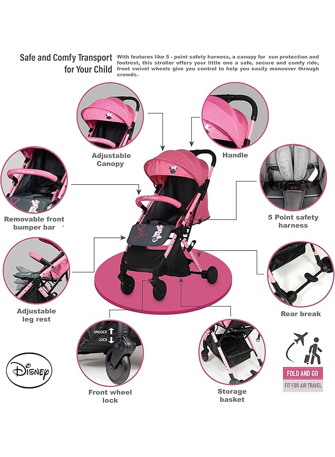 Minnie Mouse Travel Stroller 0 36 Months Compact Design Storage Basket Rear Breaks Travel - Image 2