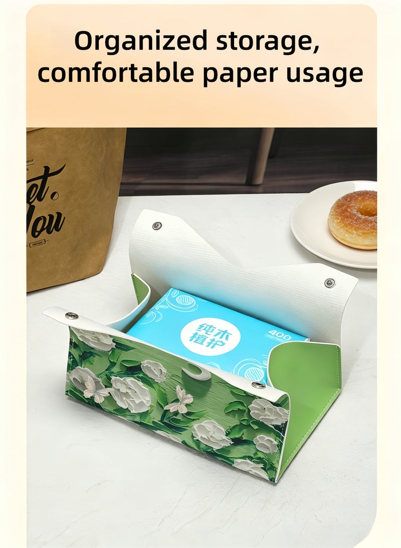 loven Retro oil painting pattern tissue box sleeve (2-pack), PU leather decorative storage box, suitable for desktop, car and office (camellia pattern). - Image 2