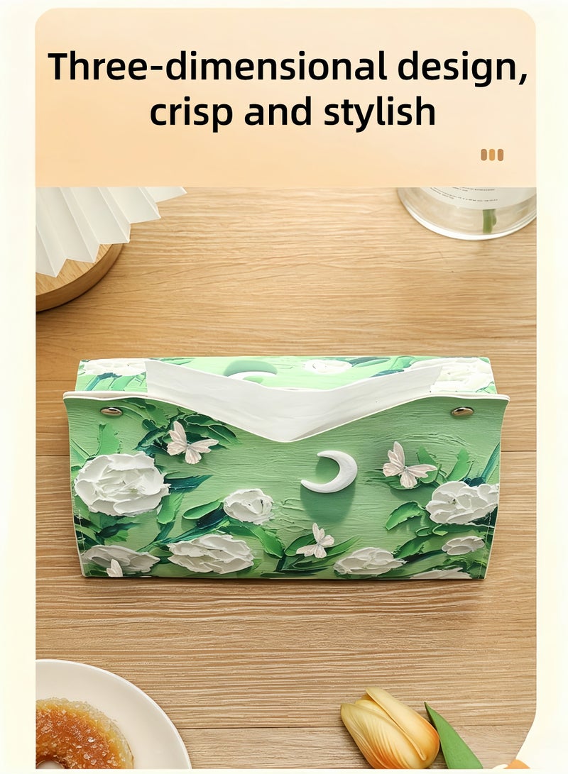 loven Retro oil painting pattern tissue box sleeve (2-pack), PU leather decorative storage box, suitable for desktop, car and office (camellia pattern). - Image 3