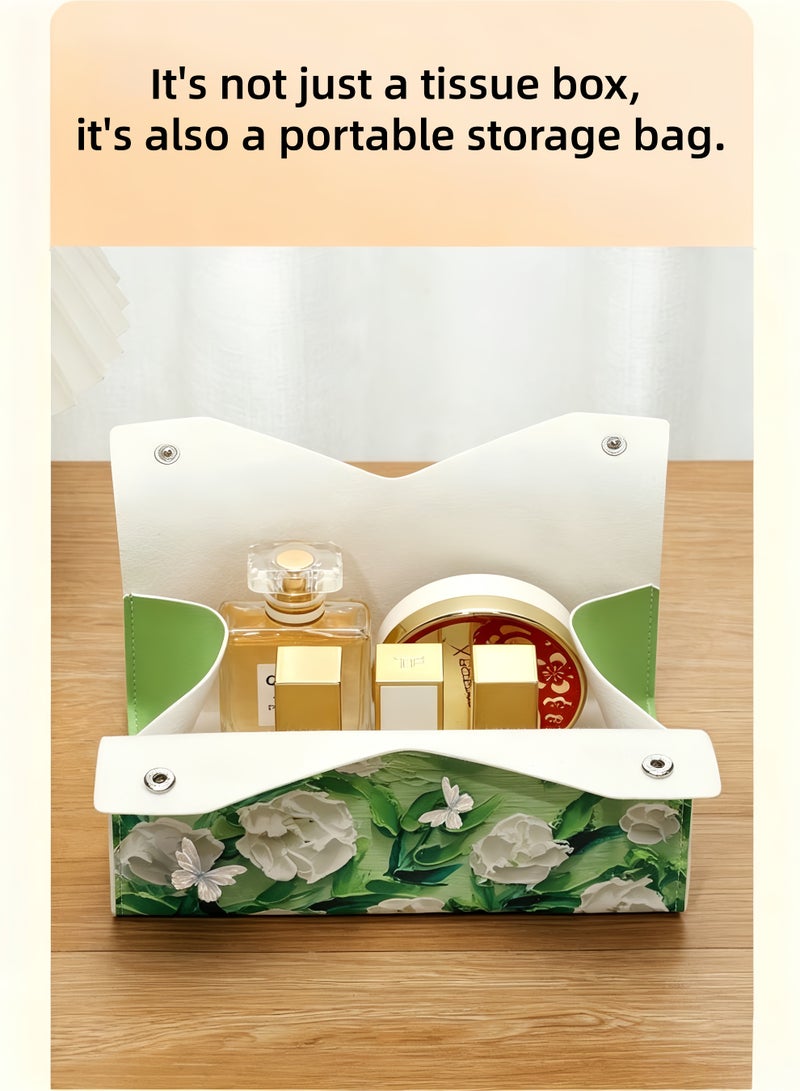 loven Retro oil painting pattern tissue box sleeve (2-pack), PU leather decorative storage box, suitable for desktop, car and office (camellia pattern). - Image 4