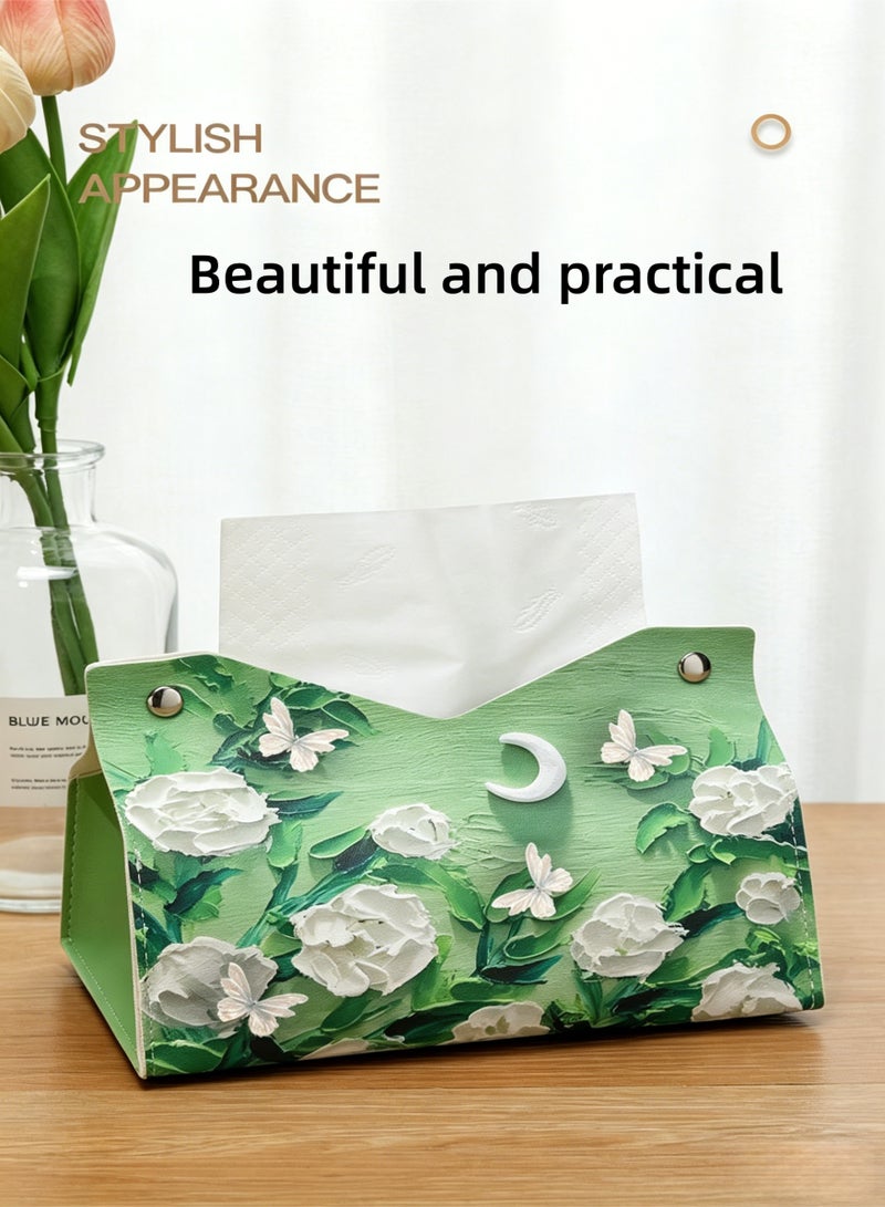 loven Retro oil painting pattern tissue box sleeve (2-pack), PU leather decorative storage box, suitable for desktop, car and office (camellia pattern). - Image 5