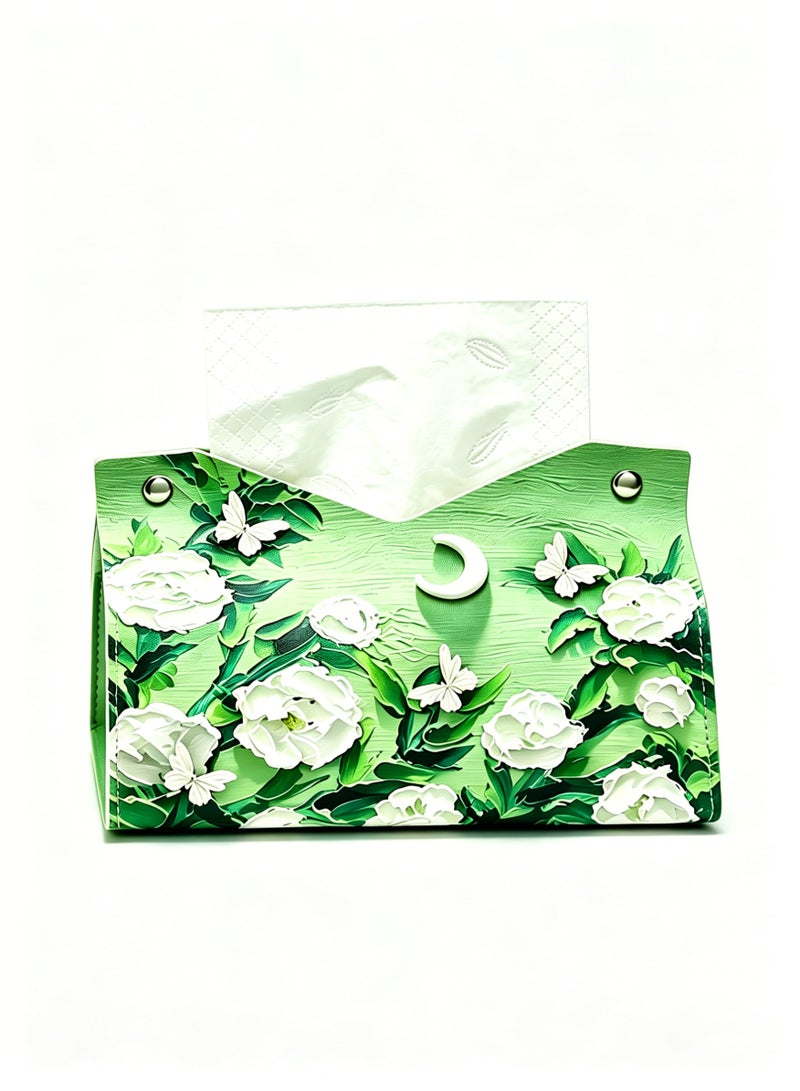 loven Retro oil painting pattern tissue box sleeve (2-pack), PU leather decorative storage box, suitable for desktop, car and office (camellia pattern). - Image 1