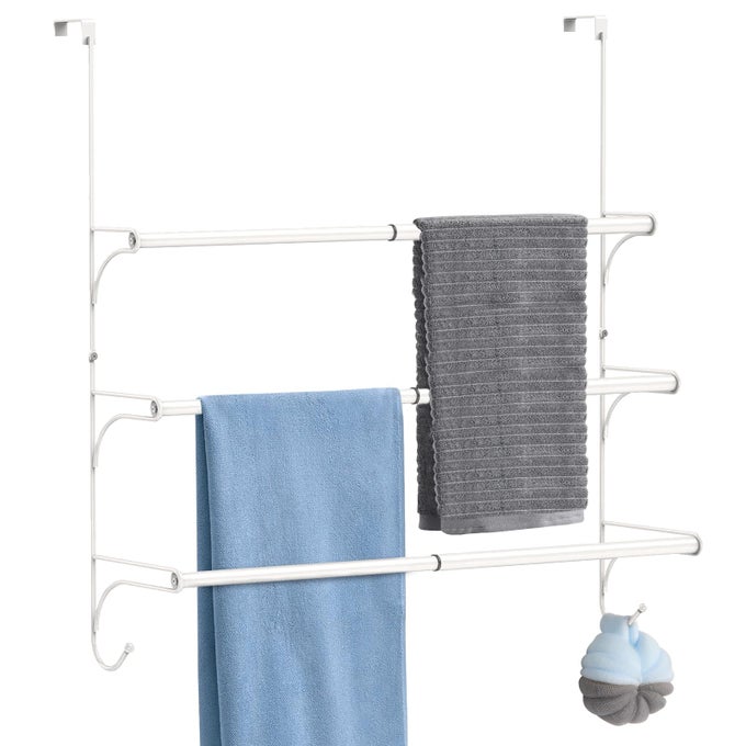 3 TIER OVER THE DOOR TOWEL RAIL HANGING TOWEL RACK FOR BATHROOM ADJUSTABLE TOWEL HOLDER WITH 2 HOOKS FOR STORAGE DRYING TOWELS CLOTHES WHITE
