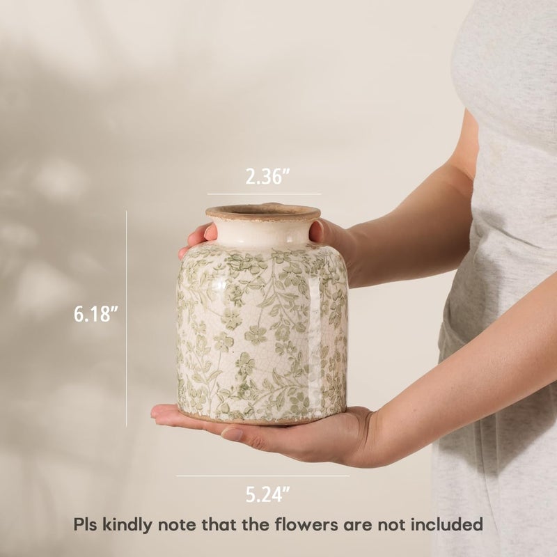 Ronasip Vintage Floral Chinoiserie Ceramic Vase, 6.2â€ Ice Cracked Hand-Painted Pastel Green Botanical Design, Antique Style Home Decor (Green, 6.2â€x5.2â€) - Image 5