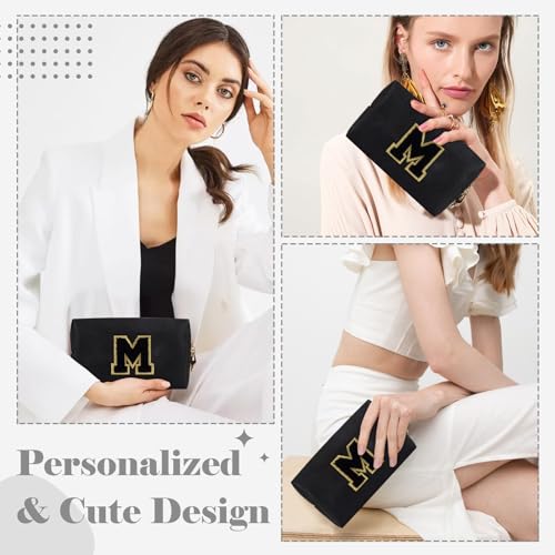ChaoGreat Personalized Initial A-Z Preppy Patch Makeup Bag,Small PU Chenille Letter Cosmetic Bag with Zipper for Teen Girls,Black Cute Toiletry Organizer Bag,Monogram Makeup Case Gift for Women Girls,Letter M - Image 4