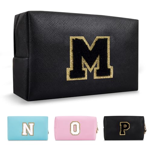 ChaoGreat Personalized Initial A-Z Preppy Patch Makeup Bag,Small PU Chenille Letter Cosmetic Bag with Zipper for Teen Girls,Black Cute Toiletry Organizer Bag,Monogram Makeup Case Gift for Women Girls,Letter M - Image 1