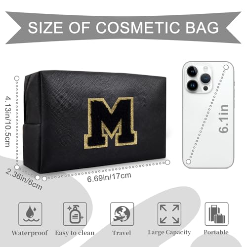 ChaoGreat Personalized Initial A-Z Preppy Patch Makeup Bag,Small PU Chenille Letter Cosmetic Bag with Zipper for Teen Girls,Black Cute Toiletry Organizer Bag,Monogram Makeup Case Gift for Women Girls,Letter M - Image 2