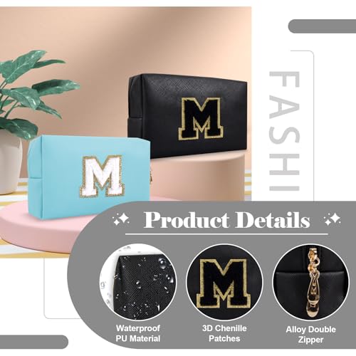 ChaoGreat Personalized Initial A-Z Preppy Patch Makeup Bag,Small PU Chenille Letter Cosmetic Bag with Zipper for Teen Girls,Black Cute Toiletry Organizer Bag,Monogram Makeup Case Gift for Women Girls,Letter M - Image 3