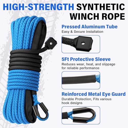 HOKINETY Synthetic Winch Rope Kit - 1/4" x 50' 10000 lbs Synthetic Winch Cable for ATV UTV Off-Road Vehicles with Forged Hook, Rubber Stopper, Protective Sleeve and Safety Pull Strap - Blue - Image 2