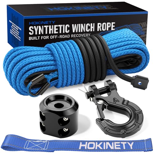 HOKINETY Synthetic Winch Rope Kit - 1/4" x 50' 10000 lbs Synthetic Winch Cable for ATV UTV Off-Road Vehicles with Forged Hook, Rubber Stopper, Protective Sleeve and Safety Pull Strap - Blue - Image 1