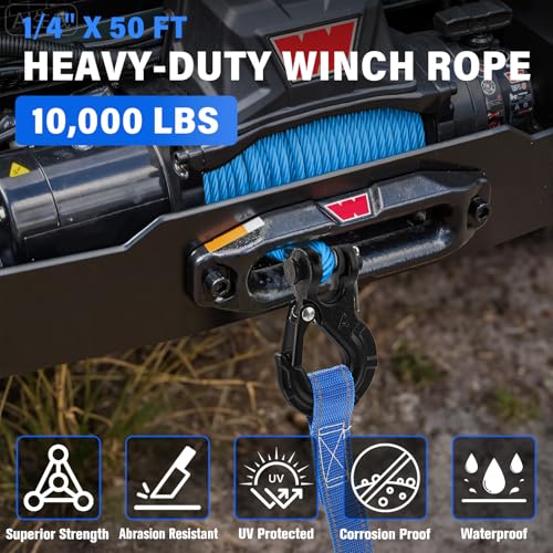 HOKINETY Synthetic Winch Rope Kit - 1/4" x 50' 10000 lbs Synthetic Winch Cable for ATV UTV Off-Road Vehicles with Forged Hook, Rubber Stopper, Protective Sleeve and Safety Pull Strap - Blue - Image 3