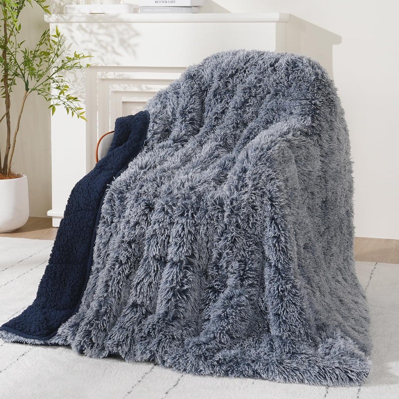 Wemore Shaggy Long Fur Faux Fur Weighted Blanket Cozy and Plush Sherpa Long Hair Blanket for Adult 20lbs Fluffy Fuzzy Sherpa Reverse Heavy Blanket for Bed Couch Backprint Navy Blue 60 x 80 Inches