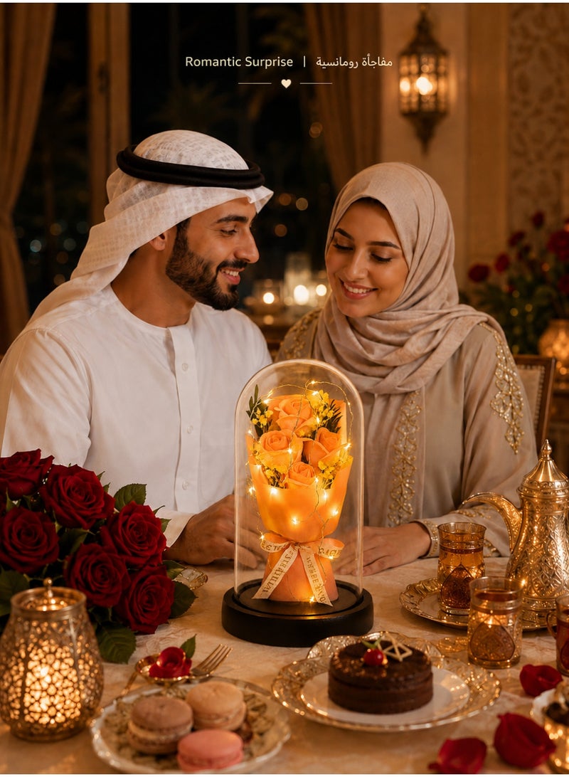 ARNOTEC صندوق هدايا الورد الأبدي - غطاء زجاجي مزين بإضاءة LED | هدية رومانسية ليوم الحب، عيد الميلاد، عيد الأم | باقة ورد وردية زينة إبداعية - Image 4