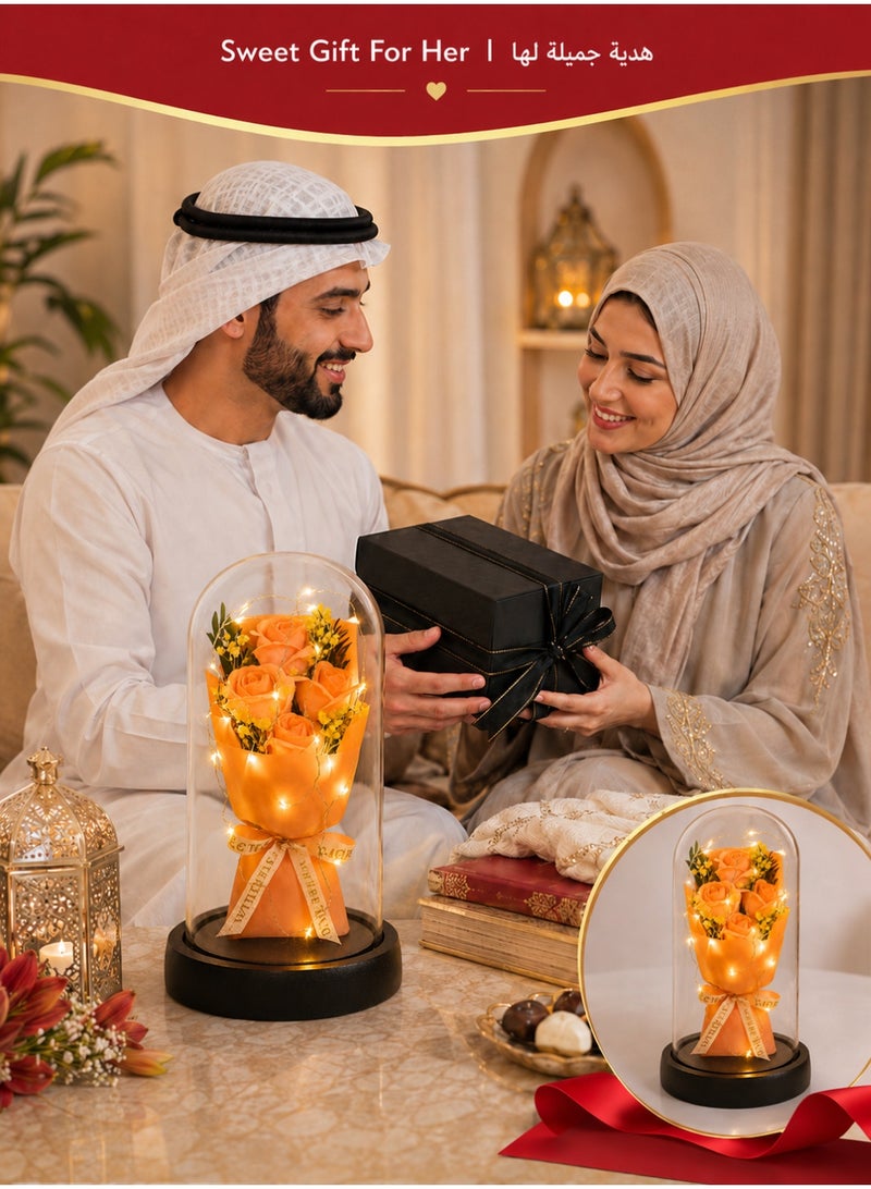 ARNOTEC صندوق هدايا الورد الأبدي - غطاء زجاجي مزين بإضاءة LED | هدية رومانسية ليوم الحب، عيد الميلاد، عيد الأم | باقة ورد وردية زينة إبداعية - Image 5