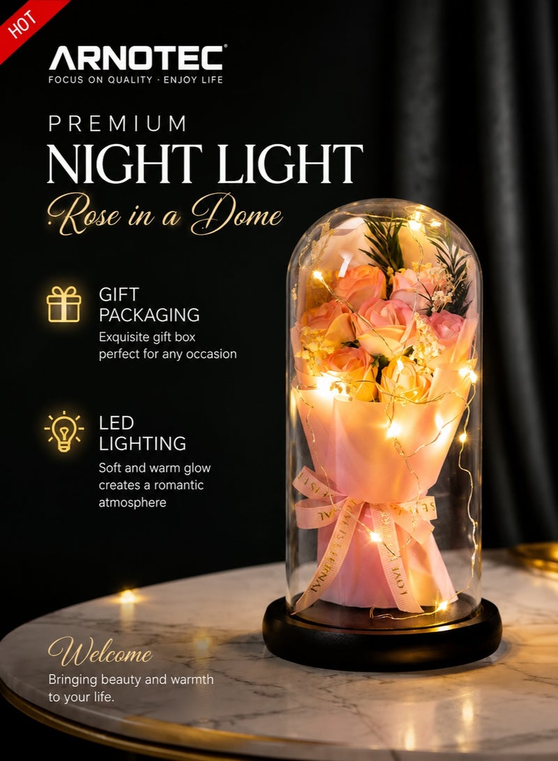 ARNOTEC صندوق هدايا الورد الأبدي - غطاء زجاجي مزين بإضاءة LED | هدية رومانسية ليوم الحب، عيد الميلاد، عيد الأم | باقة ورد وردية زينة إبداعية - Image 1