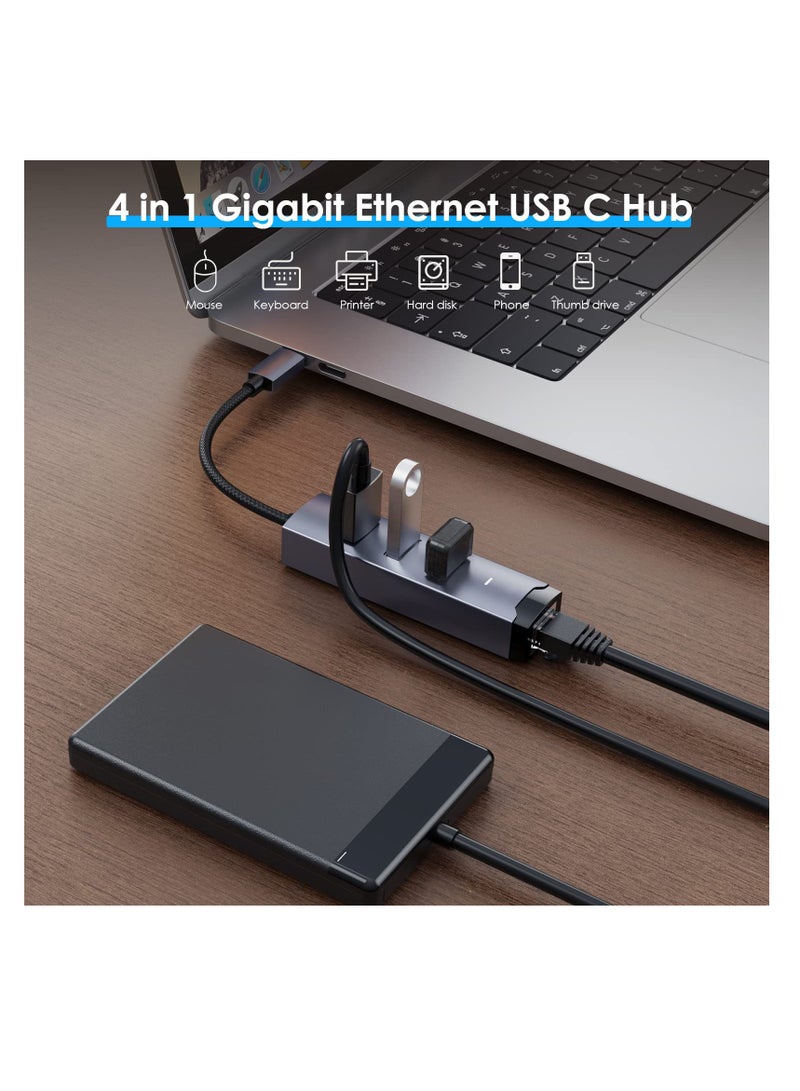 USB C to Ethernet Adapter, 4 in 1 Multiport Hub with Gigabit RJ45 & 3 x USB 3.0 Ports Fit for MacBook Pro Air, iMac, Mac Mini, iPad Pro, Galaxy S23, Surface Book, Dell XPS, Chromebook (Nylon Cable) - Image 2