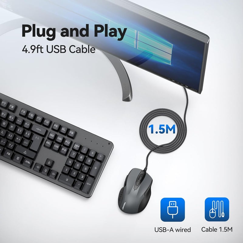 TECKNET فأرة سلكية USB، فأرة كمبيوتر سلكية بـ 6 أزرار مع 4 DPI قابلة للتعديل، فأرة كمبيوتر بصرية بتصميم مريح وكابل بطول 5 أقدام للابتوب، كروم بوك، الكمبيوتر الشخصي، سطح المكتب، ماك، نوت بوك - رمادي - Image 5