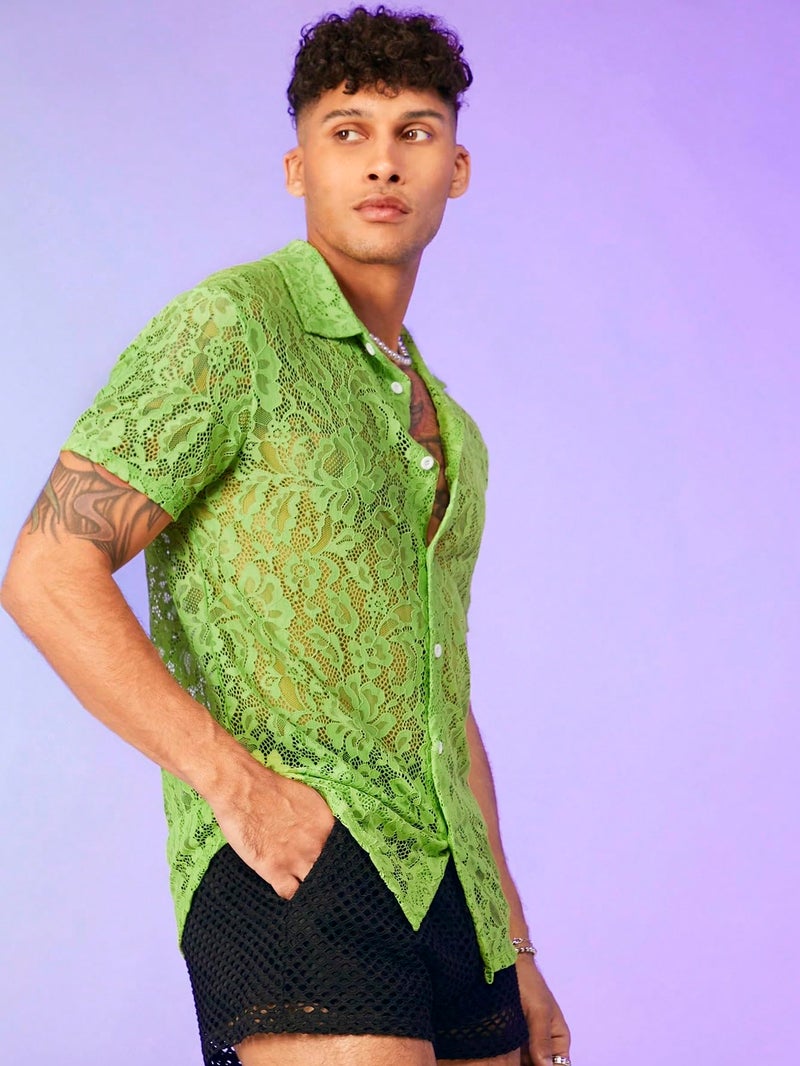 WDIRARA Men's Floral Sheer Mesh See Through Button Up Short Sleeve Collar Party Club Tops Shirt Lime Green L - Image 4