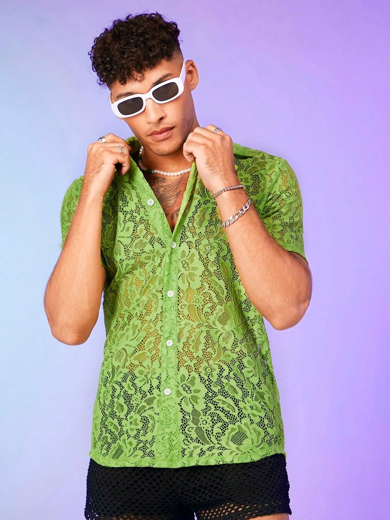 WDIRARA Men's Floral Sheer Mesh See Through Button Up Short Sleeve Collar Party Club Tops Shirt Lime Green L - Image 5