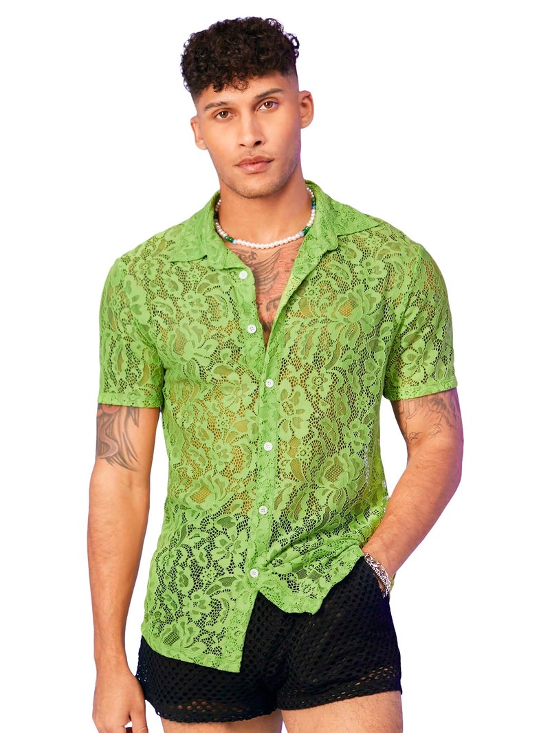 WDIRARA Men's Floral Sheer Mesh See Through Button Up Short Sleeve Collar Party Club Tops Shirt Lime Green L - Image 1