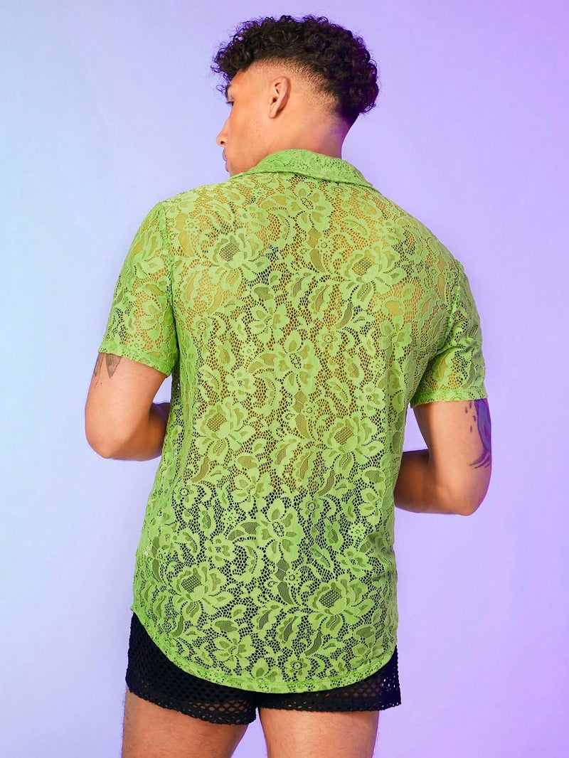 WDIRARA Men's Floral Sheer Mesh See Through Button Up Short Sleeve Collar Party Club Tops Shirt Lime Green L - Image 2