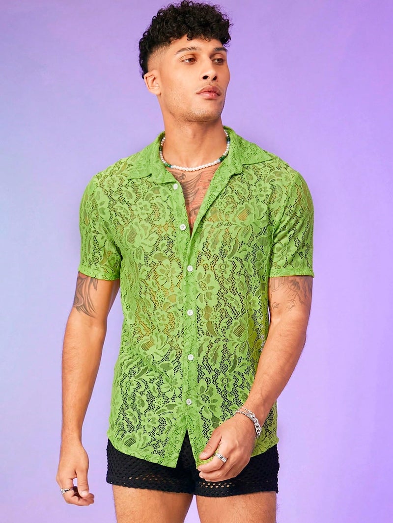 WDIRARA Men's Floral Sheer Mesh See Through Button Up Short Sleeve Collar Party Club Tops Shirt Lime Green L - Image 3