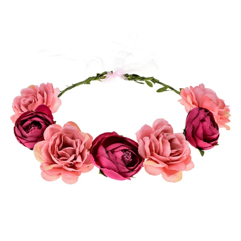 June Bloomy Women Rose Floral Crown Hair Wreath Leave Flower Headband with Adjustable Ribbon Dusty Pink