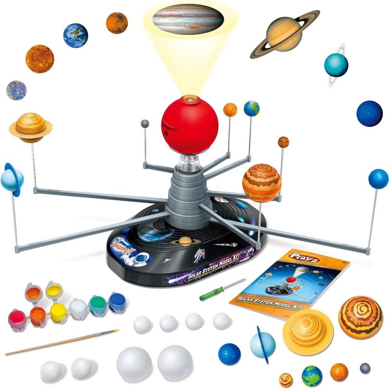 Playz Premium Solar System Model Kit for Kids - 4 Speed Motor, HD Planetarium Projector, 8 Painted Planets & 8 White Foam Balls with Paint and Brush for a Hands-On STEM DIY Project for Space Toys - Image 1