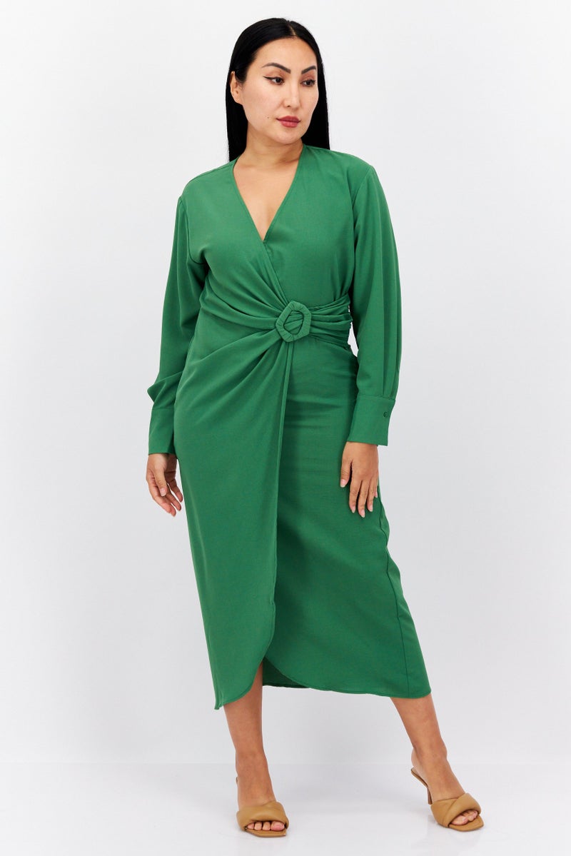 Reserved Women Plain Wrap Midi Dress, Green  - Image 1