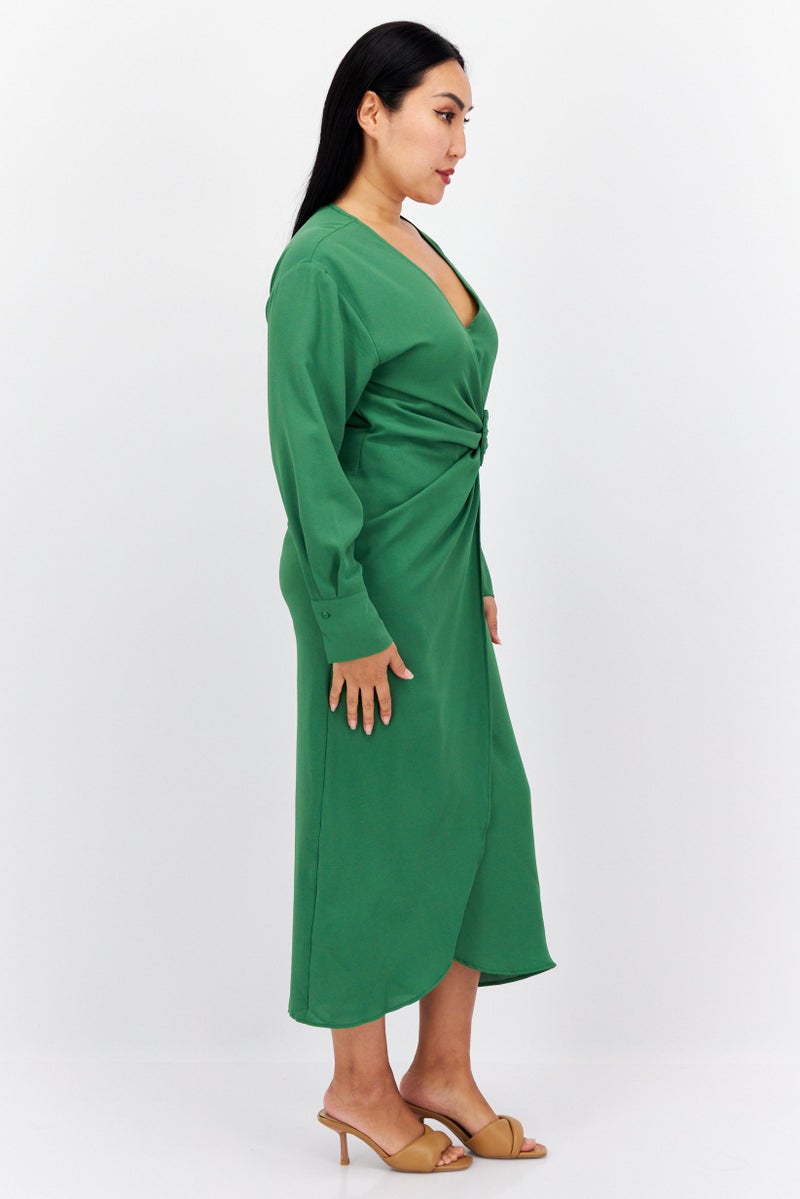 Reserved Women Plain Wrap Midi Dress, Green  - Image 2