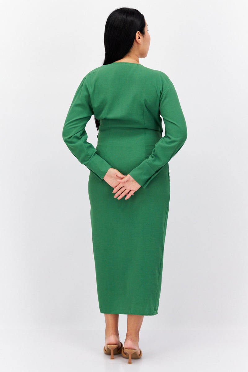 Reserved Women Plain Wrap Midi Dress, Green  - Image 3
