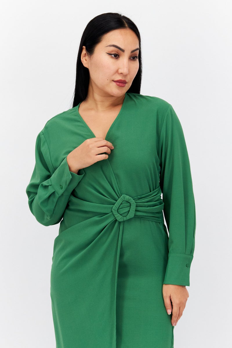Reserved Women Plain Wrap Midi Dress, Green  - Image 4