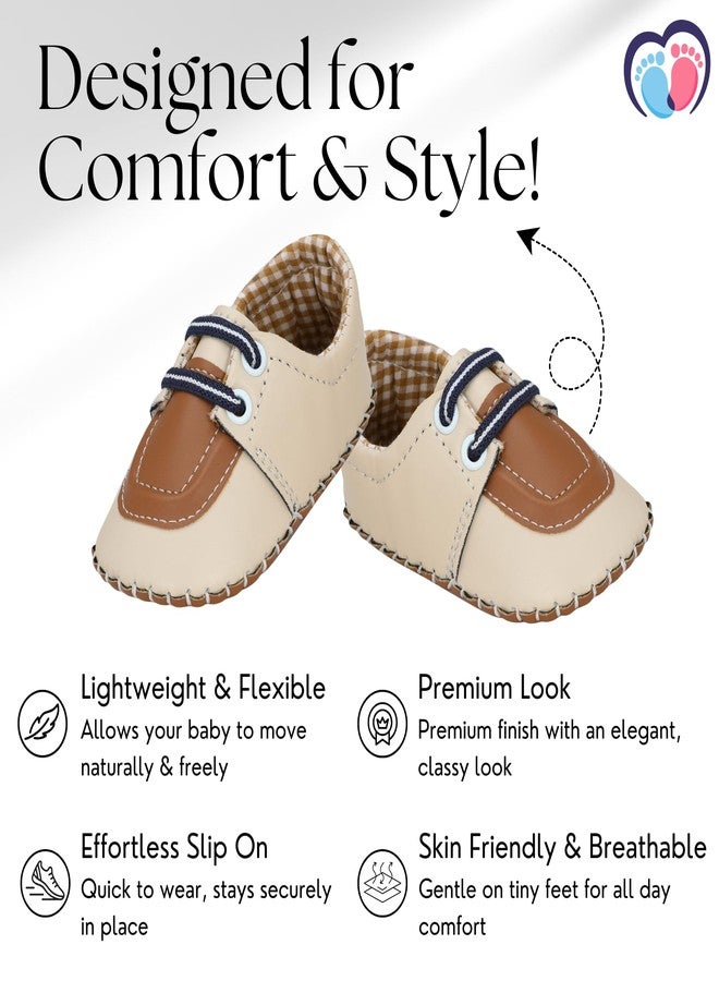 PureSole Party Shoes for Babies 6-12 Months | Slip On Cotton Baby Booties with Premium Look | Lightweight, Breathable & Flexible Infant Shoes | Ideal for Weddings, Birthdays, Photoshoots, Parties & Special Occasion (Cream/Brown) - Image 4