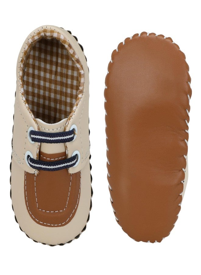 PureSole Party Shoes for Babies 6-12 Months | Slip On Cotton Baby Booties with Premium Look | Lightweight, Breathable & Flexible Infant Shoes | Ideal for Weddings, Birthdays, Photoshoots, Parties & Special Occasion (Cream/Brown) - Image 2