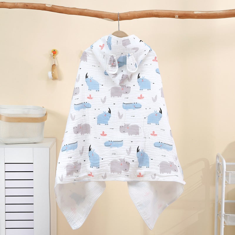 Cotton Hooded Poncho Towel for Kids Cartoon Print Hippo style