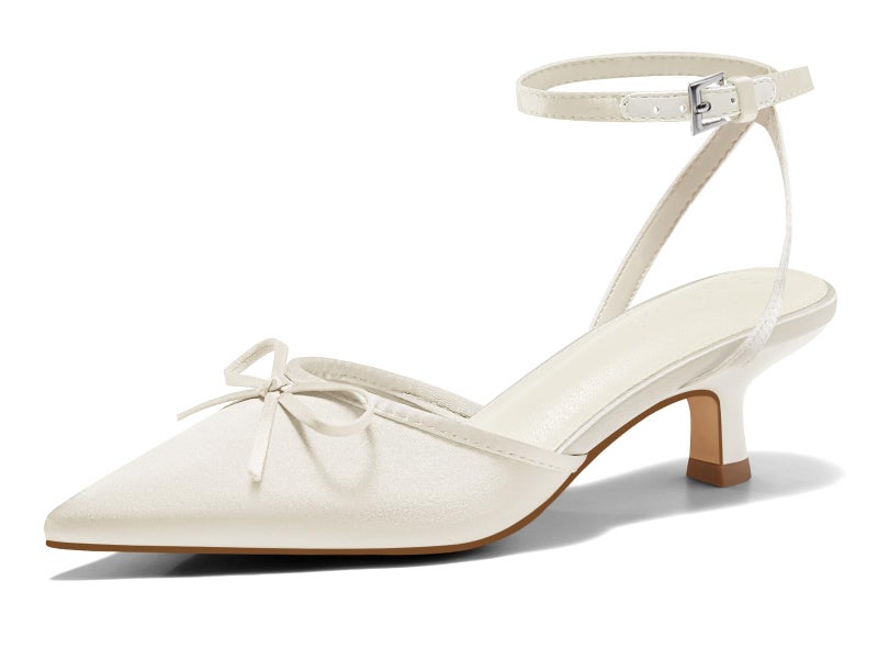 Coutgo Satin Kitten Low Heels with Bow Closed Pointed Toe Short Pumps Dress Wedding Party Shoes, Beige, Size 8 - Image 1