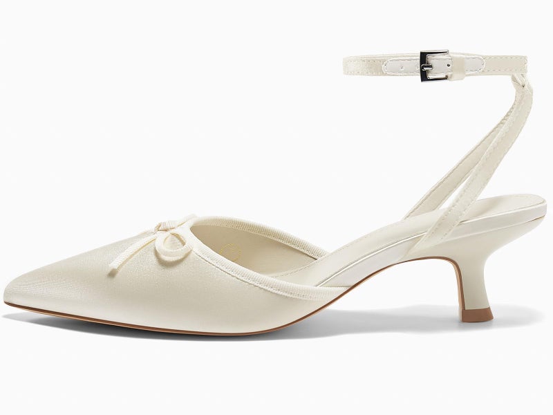 Coutgo Satin Kitten Low Heels with Bow Closed Pointed Toe Short Pumps Dress Wedding Party Shoes, Beige, Size 8 - Image 4