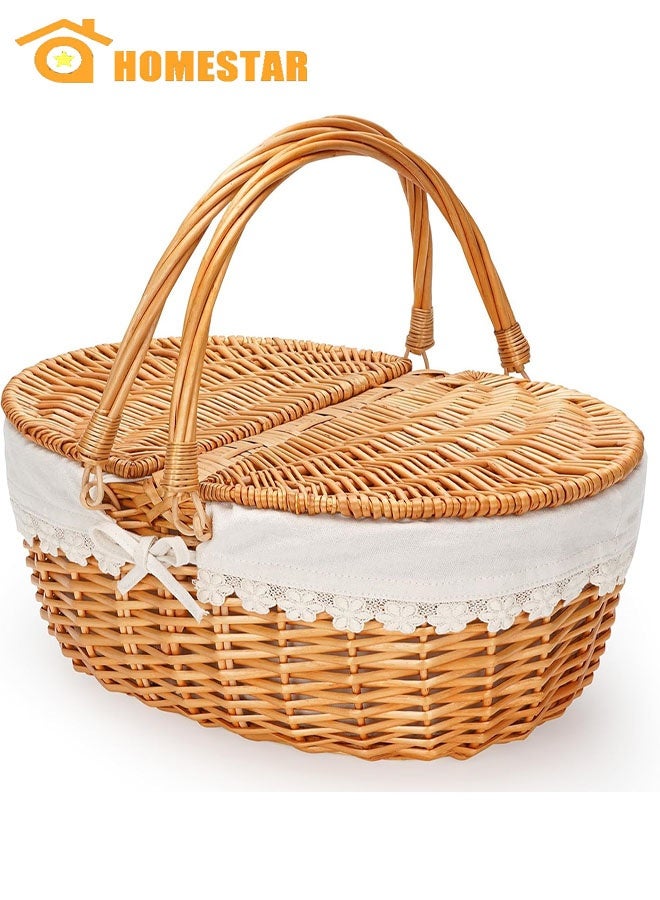 HOMESTAR Picnic Basket with Liner and Lid, Vintage-Style Picnic Hamper with Folding Woven Handle for Picnic, Camping, Outdoor, Birthday - Image 1