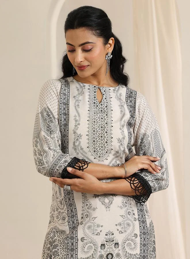 لباس Black Printed Silk Blend Straight Kurta, Trousers and Dupatta Set
