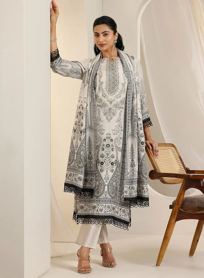 لباس Black Printed Silk Blend Straight Kurta, Trousers and Dupatta Set