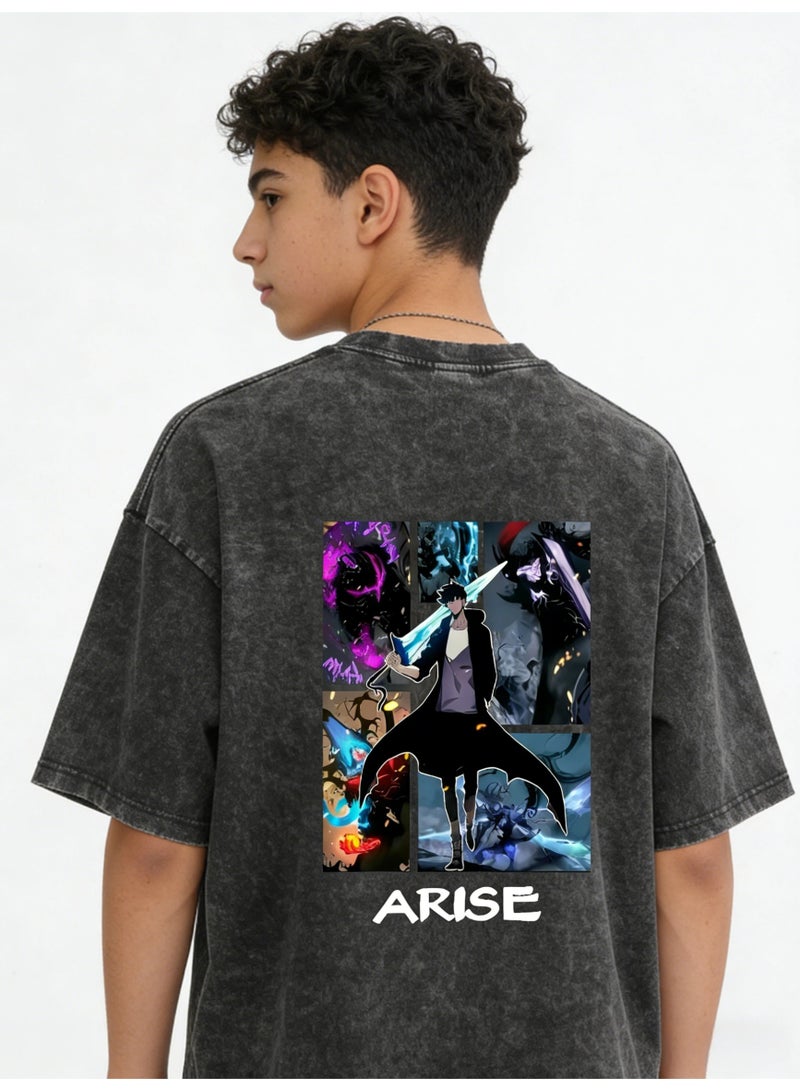 Solo Leveling Style Washed Black T-Shirt | Anime Inspired Graphic Tee | Vintage Short Sleeve Top - Image 3