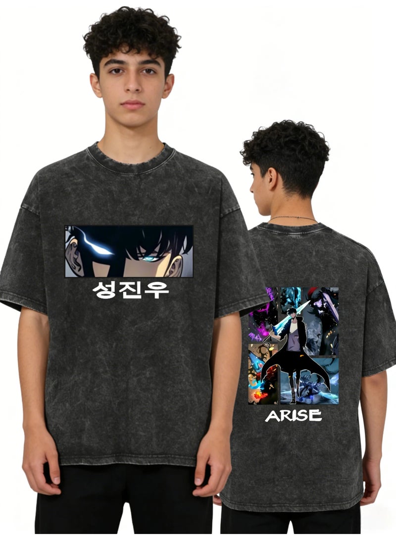 Solo Leveling Style Washed Black T-Shirt | Anime Inspired Graphic Tee | Vintage Short Sleeve Top - Image 1