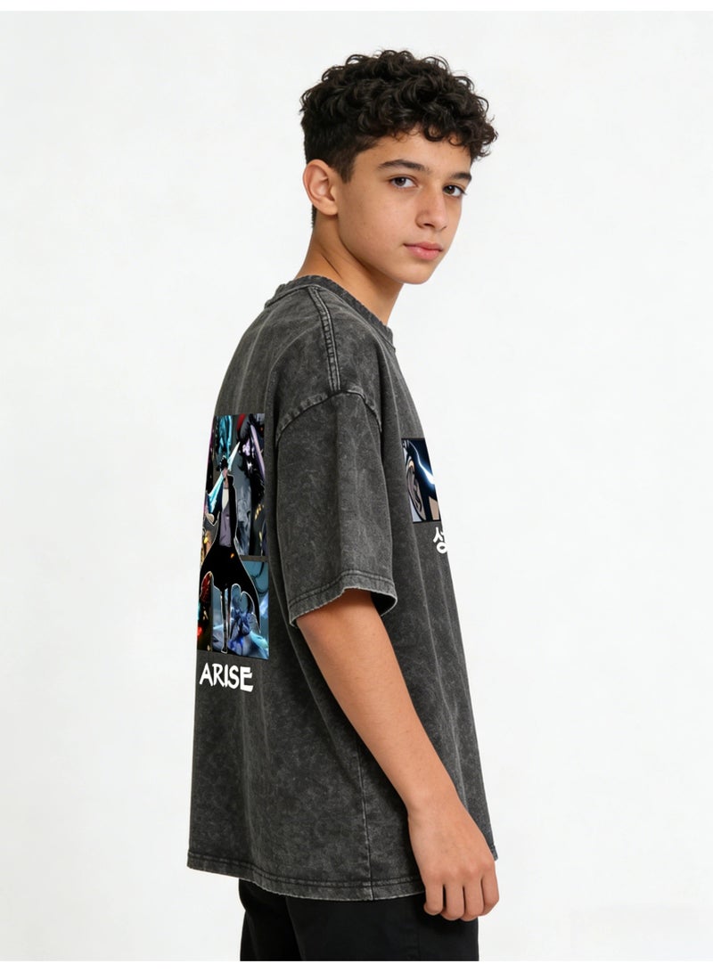 Solo Leveling Style Washed Black T-Shirt | Anime Inspired Graphic Tee | Vintage Short Sleeve Top - Image 2
