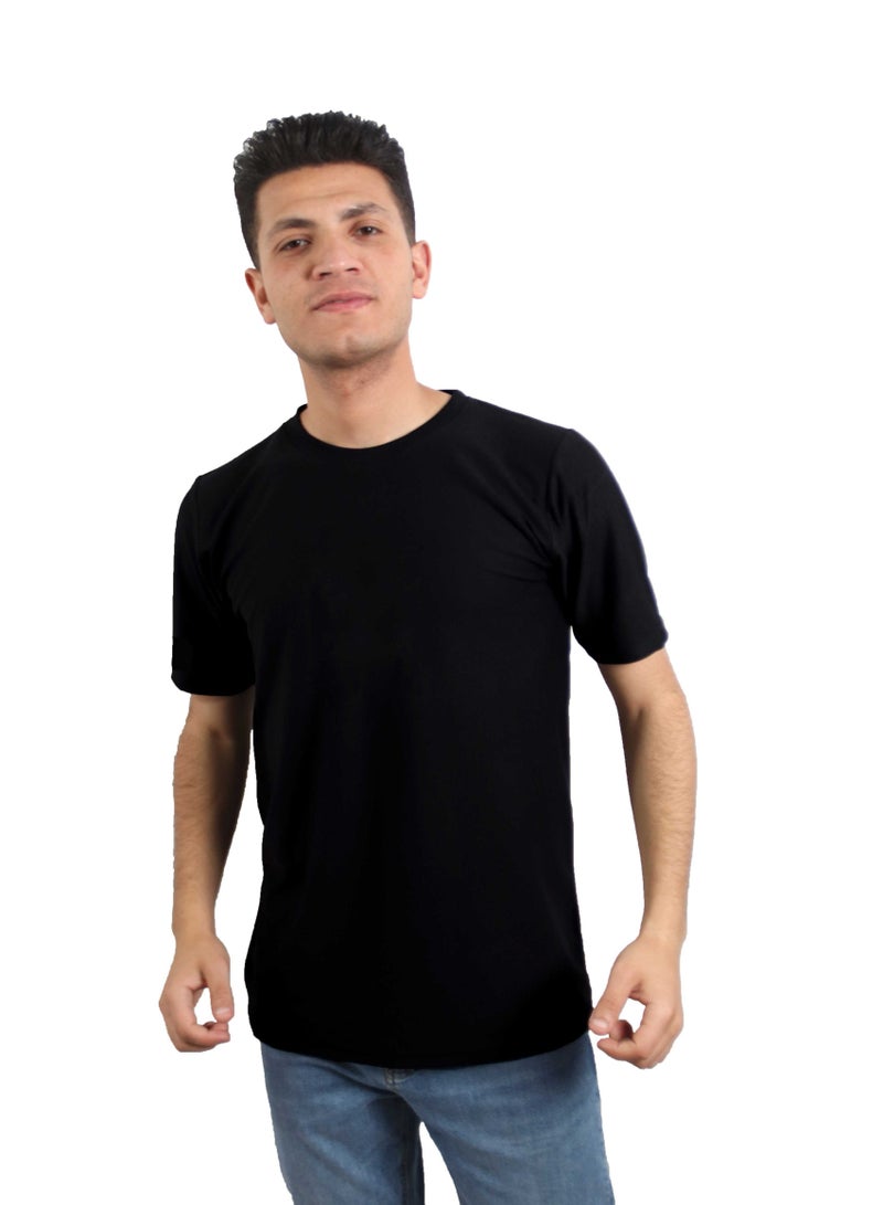 وان هاند تي شيرت قطن كم قصير بياقة دائرية,اسود - Image 1