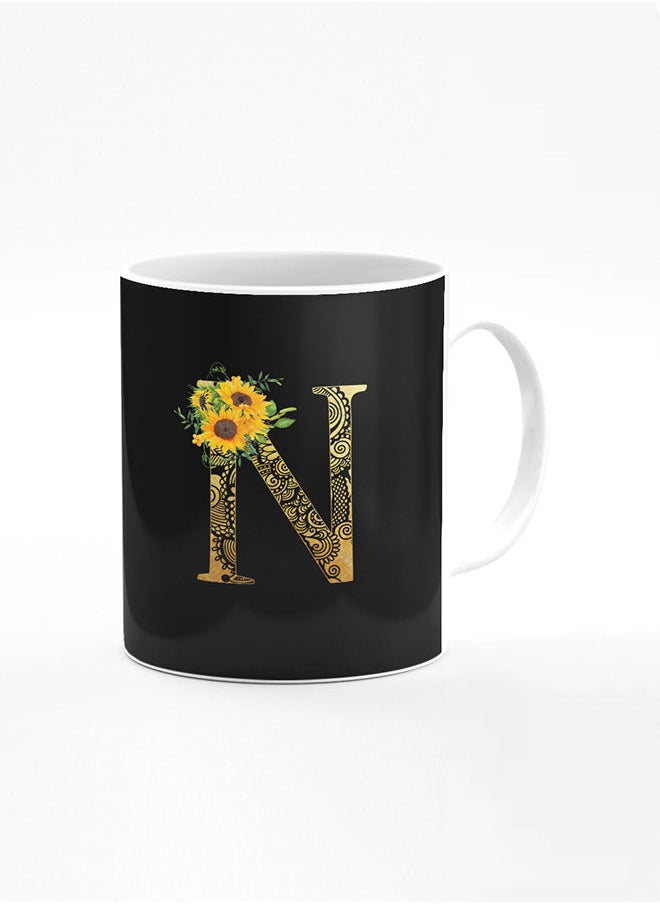 Stylizedd Designer Printed Coffee Mug 11oz Ceramic Personalised Gift Mugs Cup Custom Monogram Initial Letter Mandala Floral Pattern Alphabet N (Black)  - Image 1
