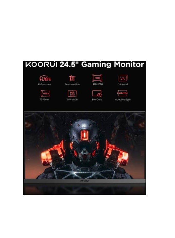 كوروي Here’s the translation of your text to Arabic:  **شاشة الألعاب KOORUI 24.5 بوصة FHD 170Hz VA، وقت استجابة 1 مللي ثانية، معدل تحديث، متوافقة مع FreeSync و G-Sync، تغطية 99% sRGB، قابلة للتثبيت على حامل VESA، قابلة للتعديل بالإمالة، حماية للعين، مدخلين HDMI / منفذ DisplayPort واحد، اللون الأسود | 25E3A** - Image 2